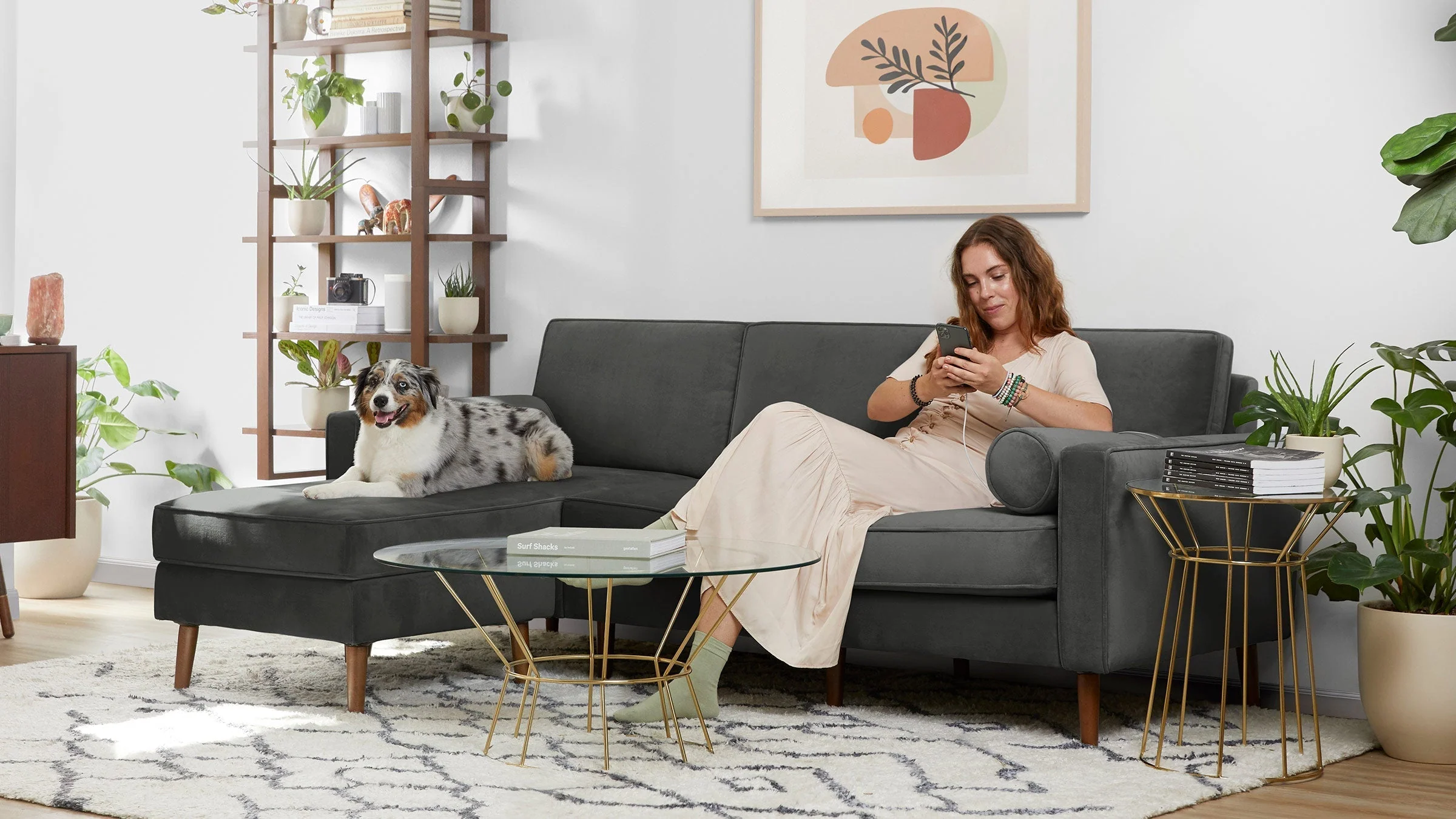 Nomad Velvet Loveseat with Reversible Chaise and Ottoman